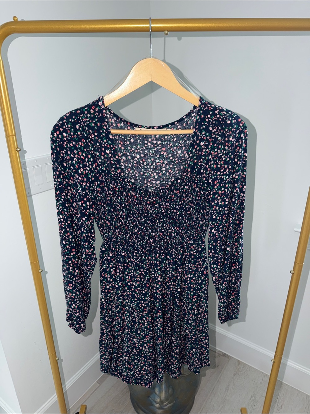 Dark blue Floral Long-Sleeve Smocked-Waist Mini Dress